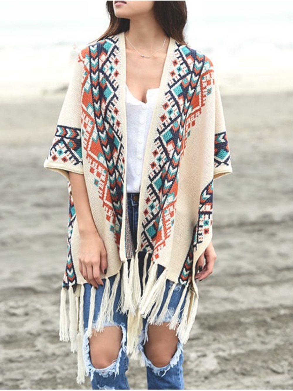Cream Aztec-Print Fringe Open-Front Poncho Sweater